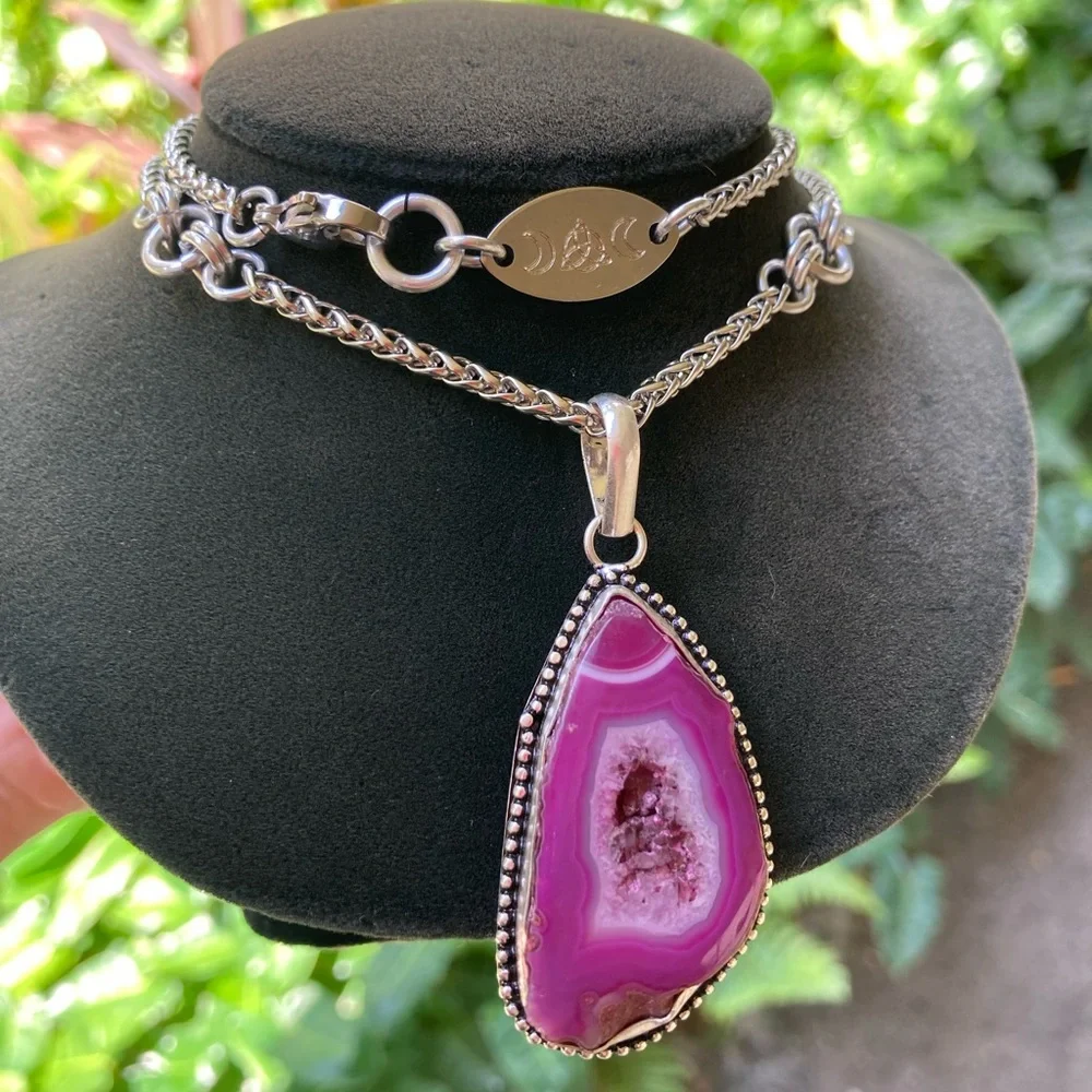 925 sterling silver overlay charm pink geode agate slice gemstone boho necklace - Picture 10 of 11